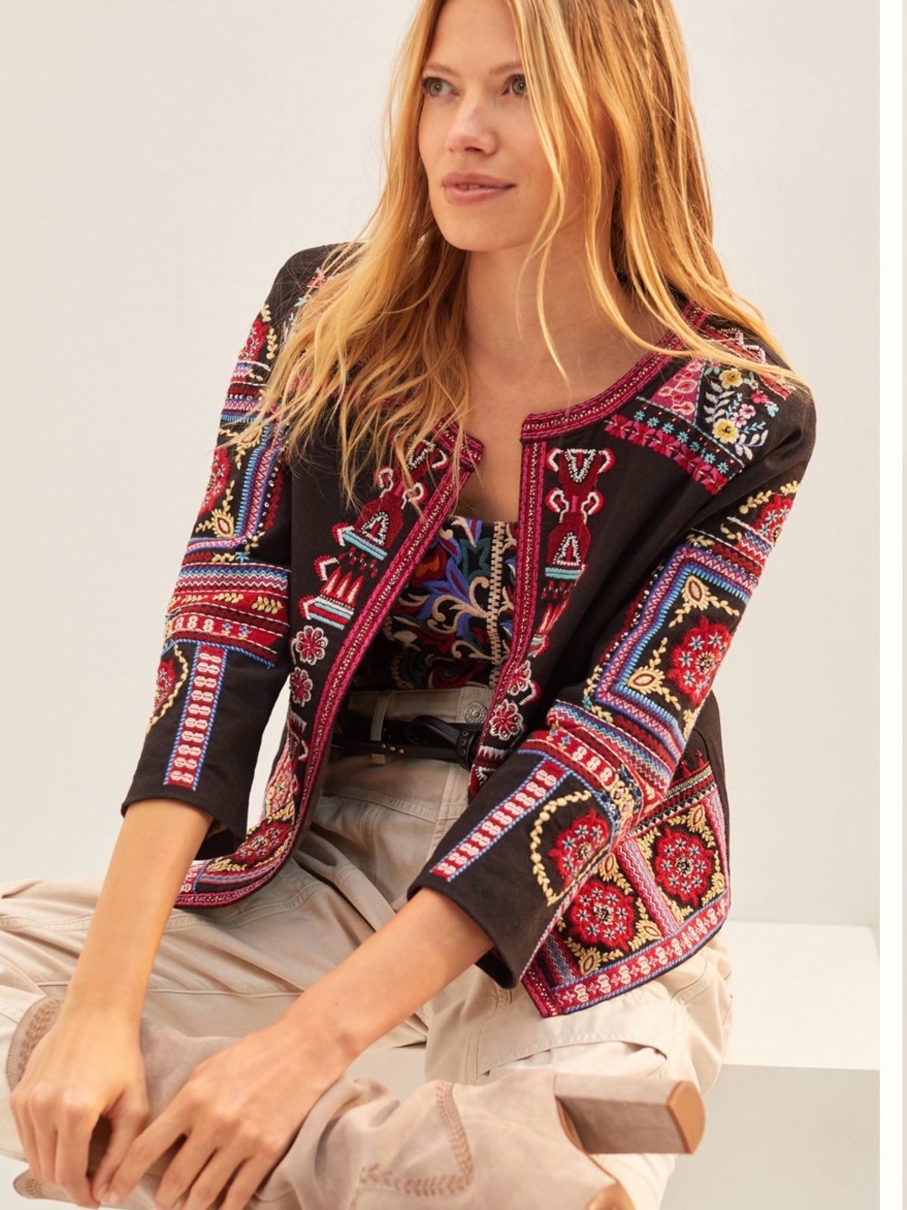 Anthropologie Embroidered Black Jacket with Multicolor Folk Motif